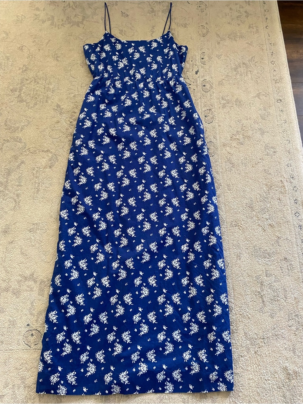 J. Crew Cotton Floral Maxi Dress 4 Empire Waist Royal Blue White Sleeveless